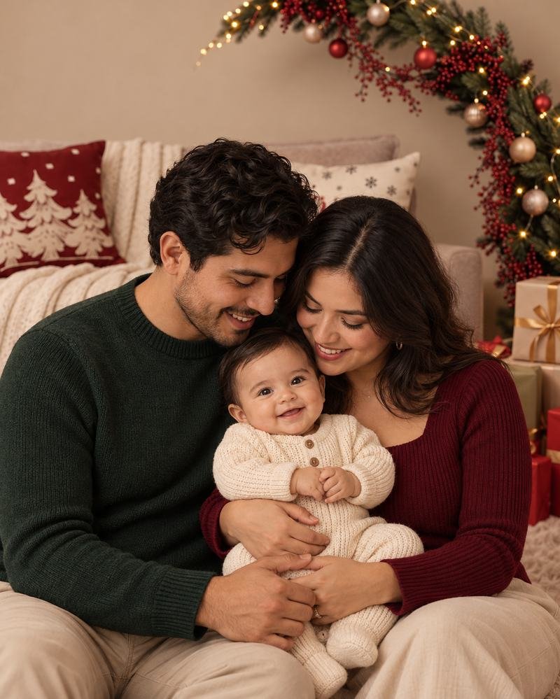 Papá y mamá abrazando a su bebé sonriente vestido con un mameluco tejido color marfil, frente al arco navideño.