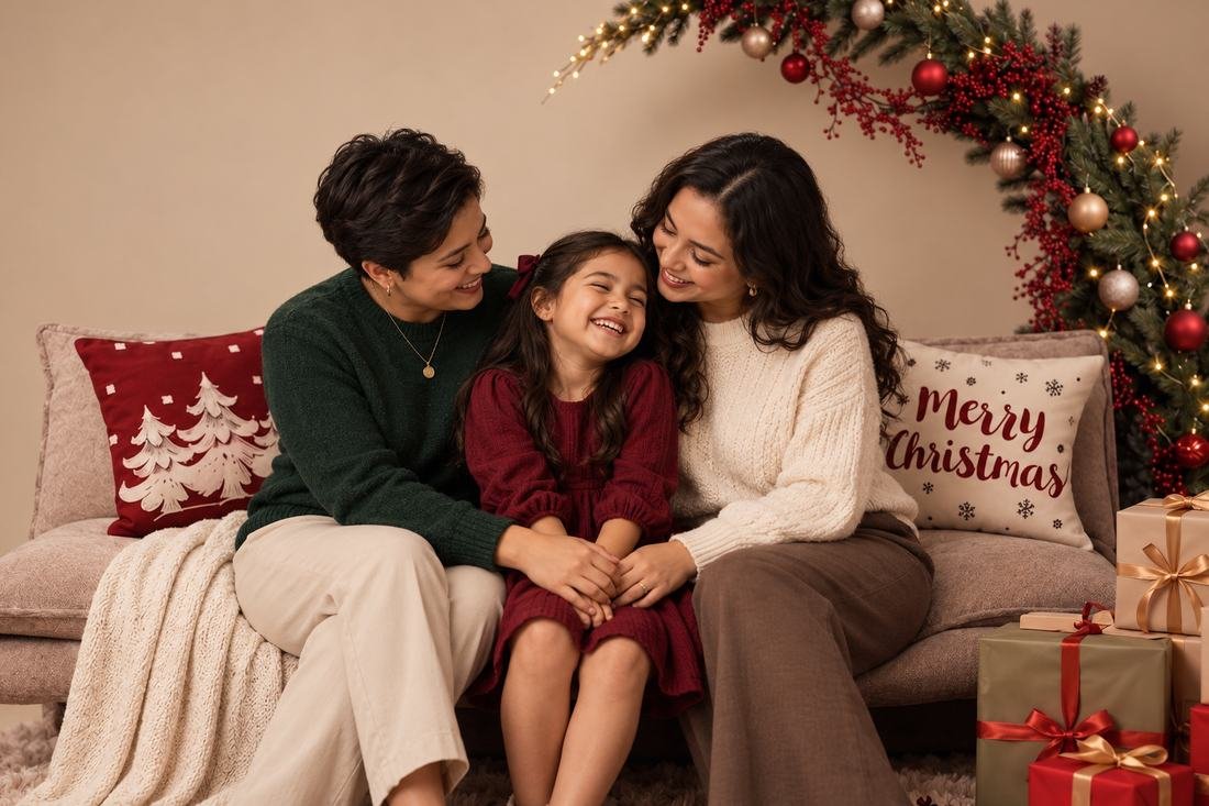Dos mamás riendo con su hija de vestido rojo vino, sentadas en el sillón junto al arco de pino y los regalos.