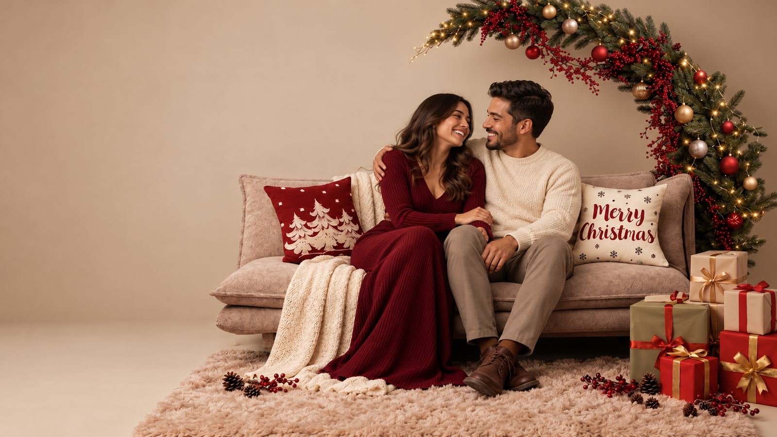 Pareja sentada en un sillón de terciopelo en el set navideño, con un ramo de flores entre ellos y una guirnalda de luces al fondo.