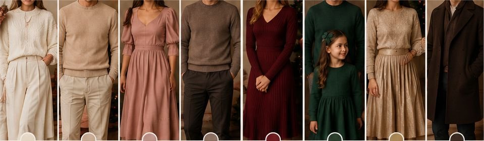 Ocho ejemplos de looks, uno por cada color de la paleta: suéter marfil, suéter beige, vestido rosa empolvado, suéter taupe, vestido rojo vino, suéter y vestido verde bosque, falda dorada y abrigo chocolate.