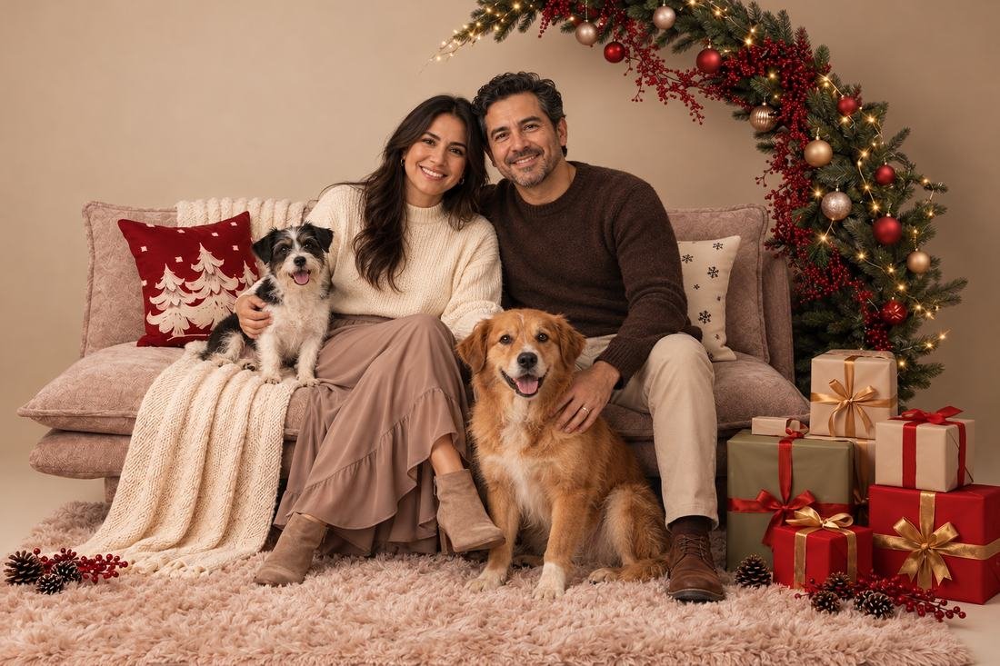 Pareja sonriente en el sillón del set navideño con un perro pequeño en brazos y un perro grande sentado a sus pies.
